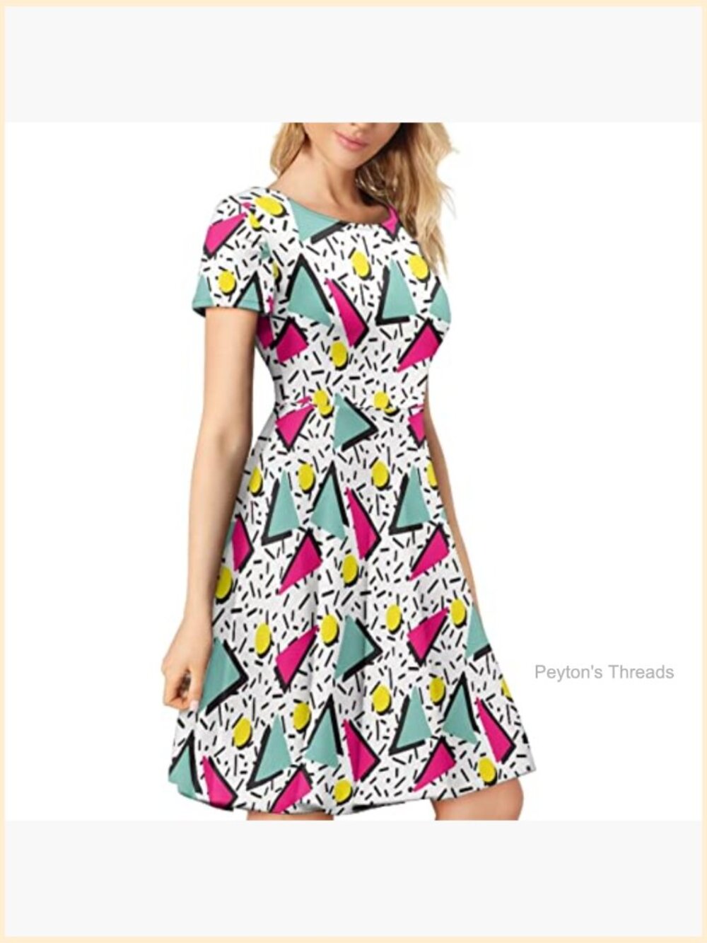 Tropical Print A-Line Skater Dress with Crewneck & Short Sleeves - Picture 3 of 4